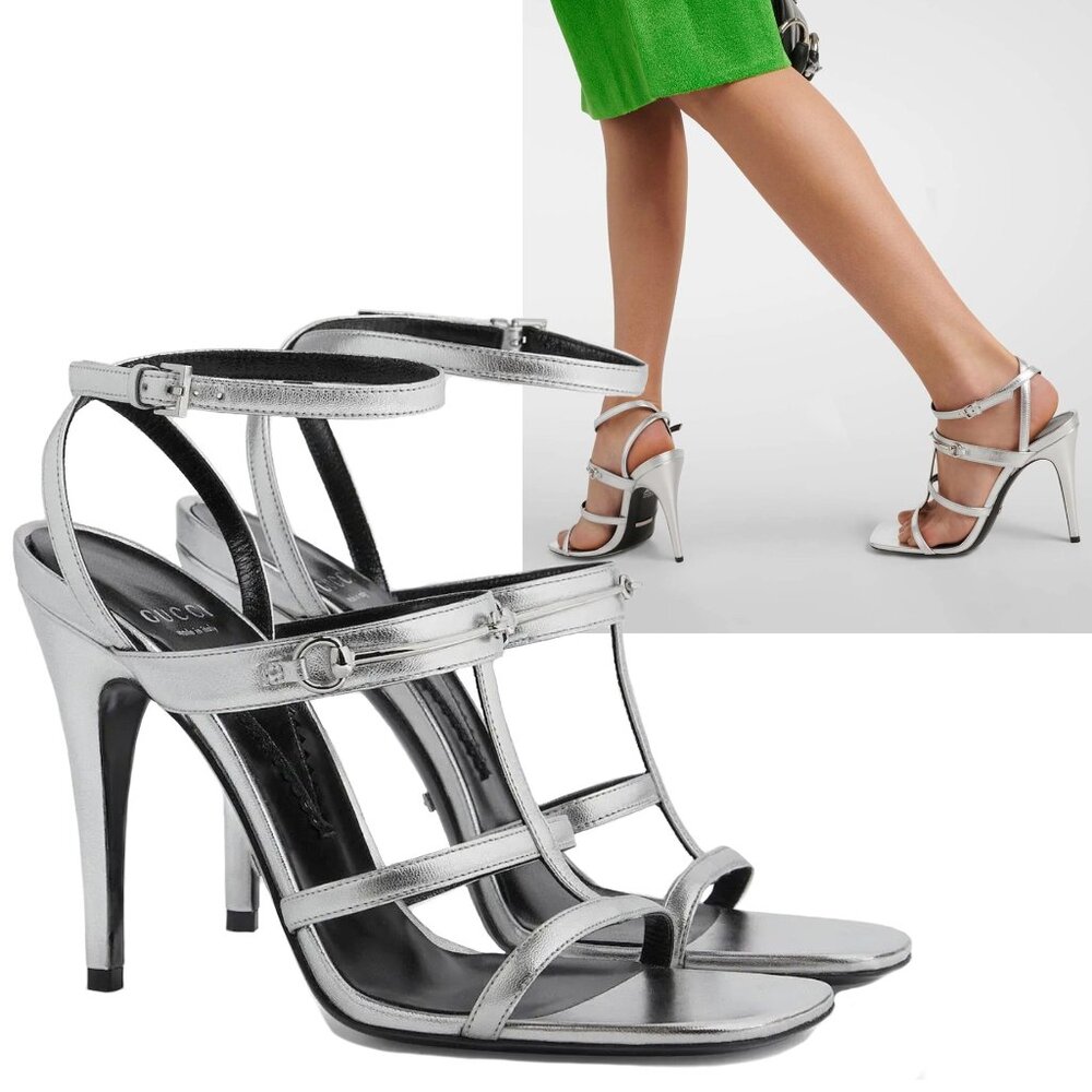 GUCCI SHOES SLIM HORSEBIT SILVER LEATHER STRAPPY SANDALS